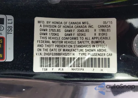 2015 Honda Civic Ex from USA, damaged, VIN 2HGFG3B88FH525114